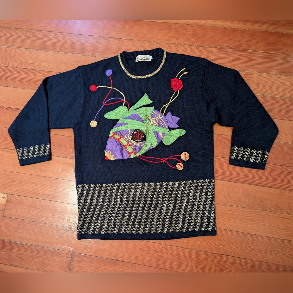 Vintage Lambelle Sweater Wool Christmas Embroidered Applique Houndstooth Holiday